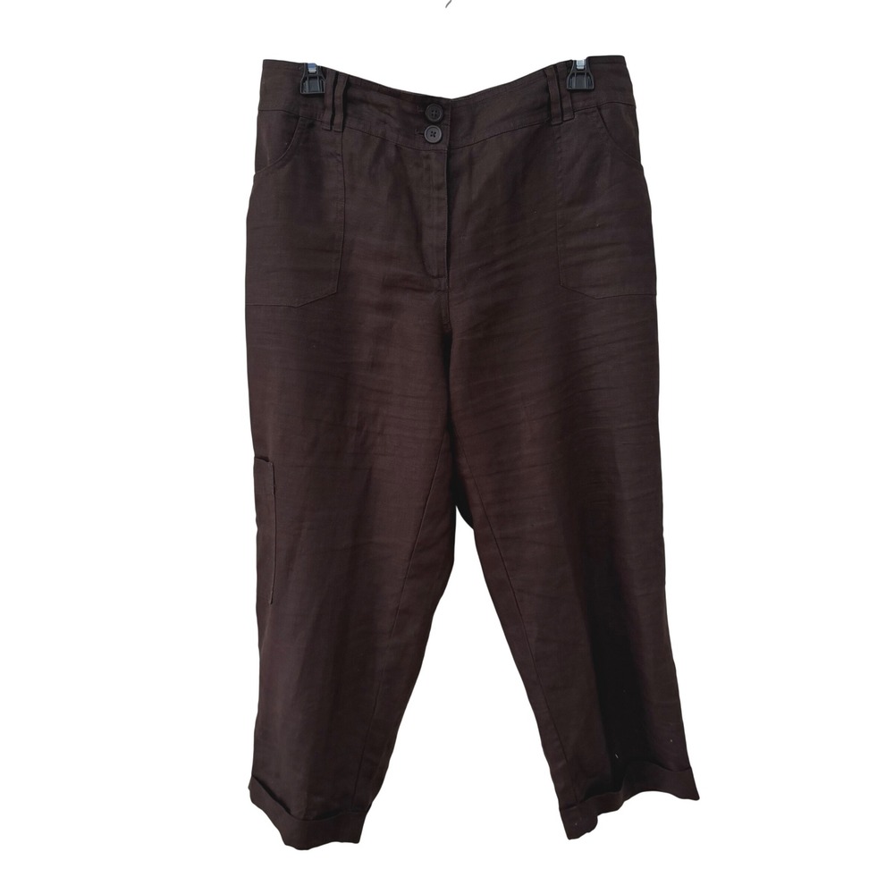 Chico's Linen Cargo Cropped‎ Pants Size 1.5 Brown Capri Utility Trousers